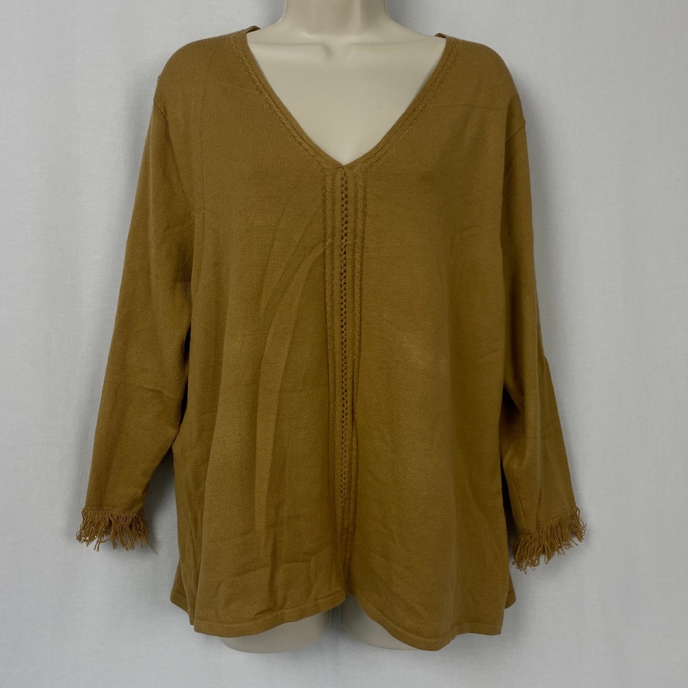 Norton McNaughton Sweater Women 1X Tan Fringe V-Neck Vintage Y2K Boho Western